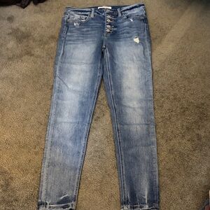 Flying Monkey Skinny Jeans in Faded Blue Wash with Button-Fly